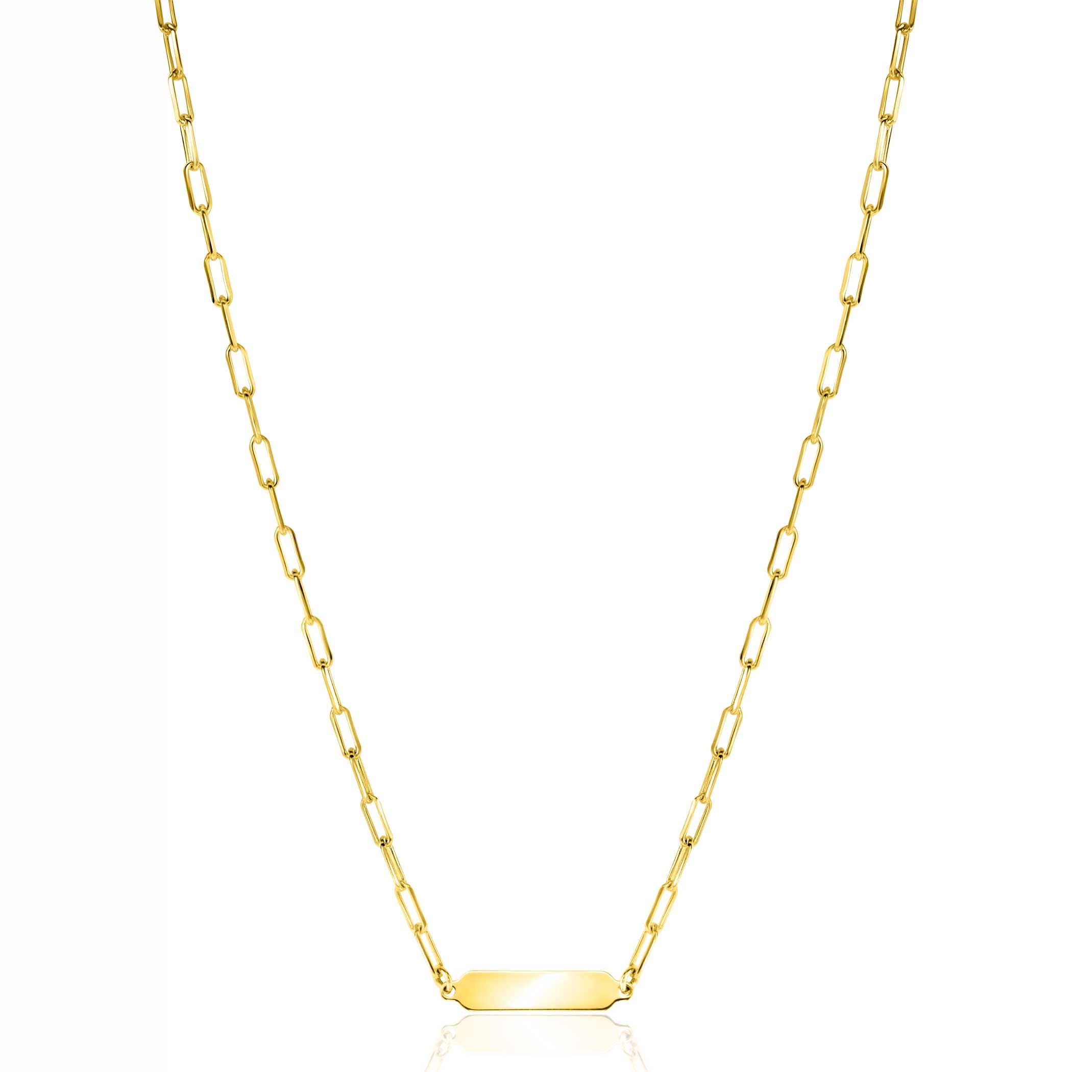 ZINZI gold plated zilveren ketting met paperclip-schakels en glanzend rechthoekig plaatje om te graveren 42-45cm ZIC2530G