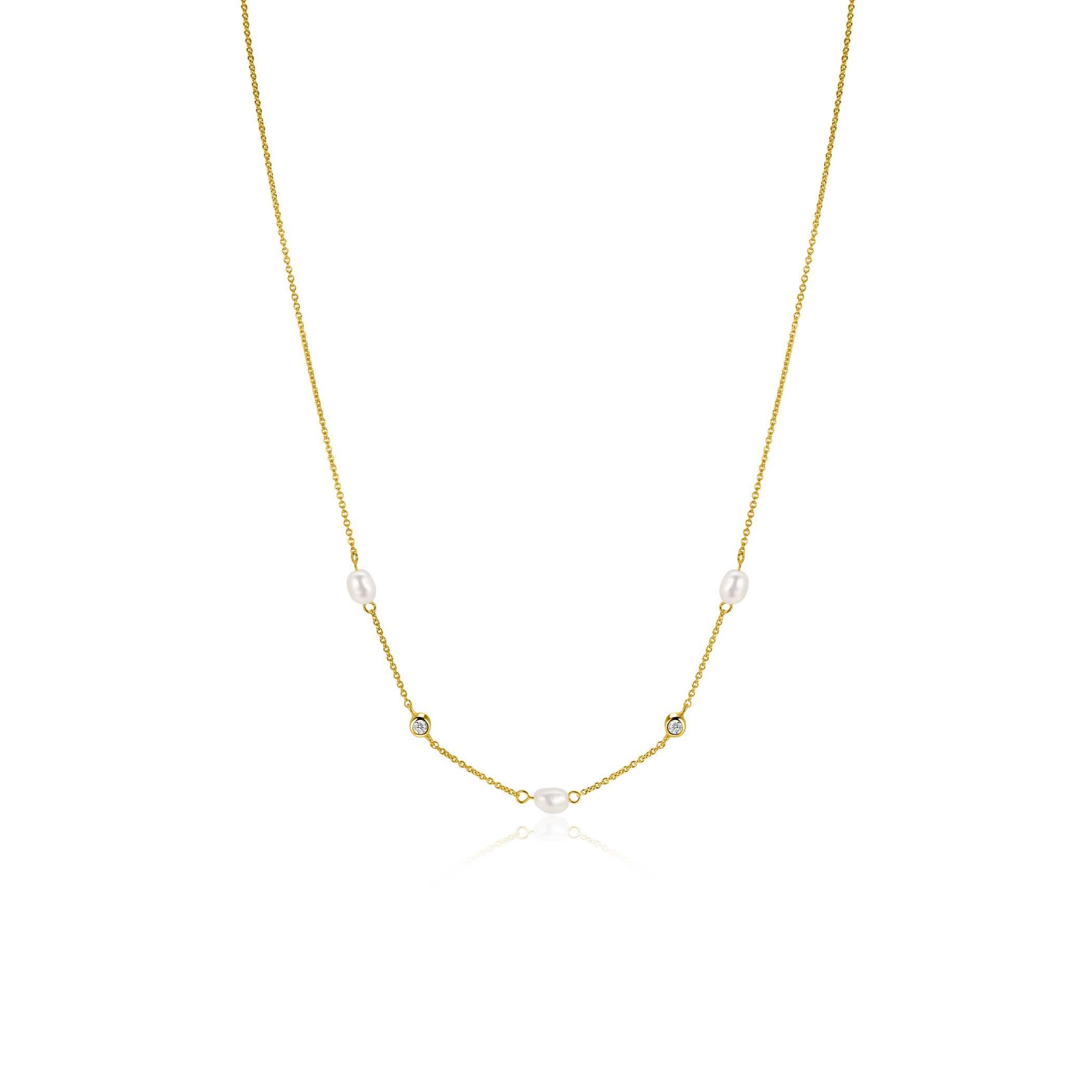 ZINZI gold plated zilveren jasseron ketting met ovale witte zoetwaterparels en witte zirkonia's 42-45 cm ZIC2657