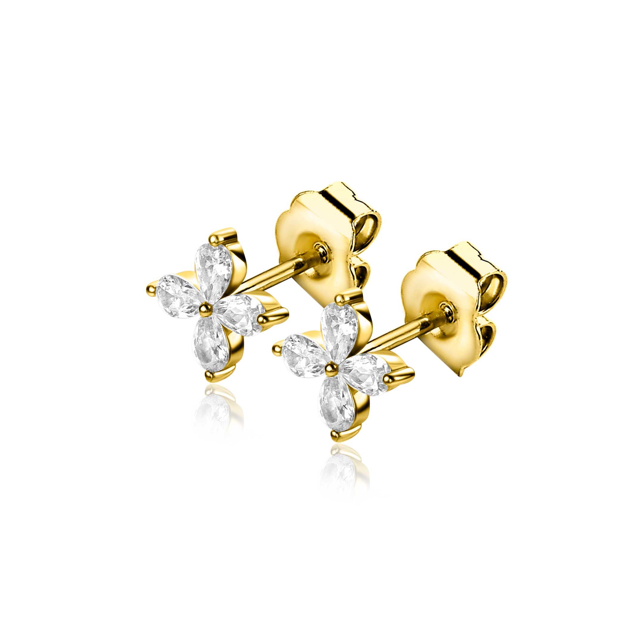 7,5mm ZINZI gold plated zilveren oorknoppen met bloem bezet met vier druppelvormige witte zirconia's ZIO2624