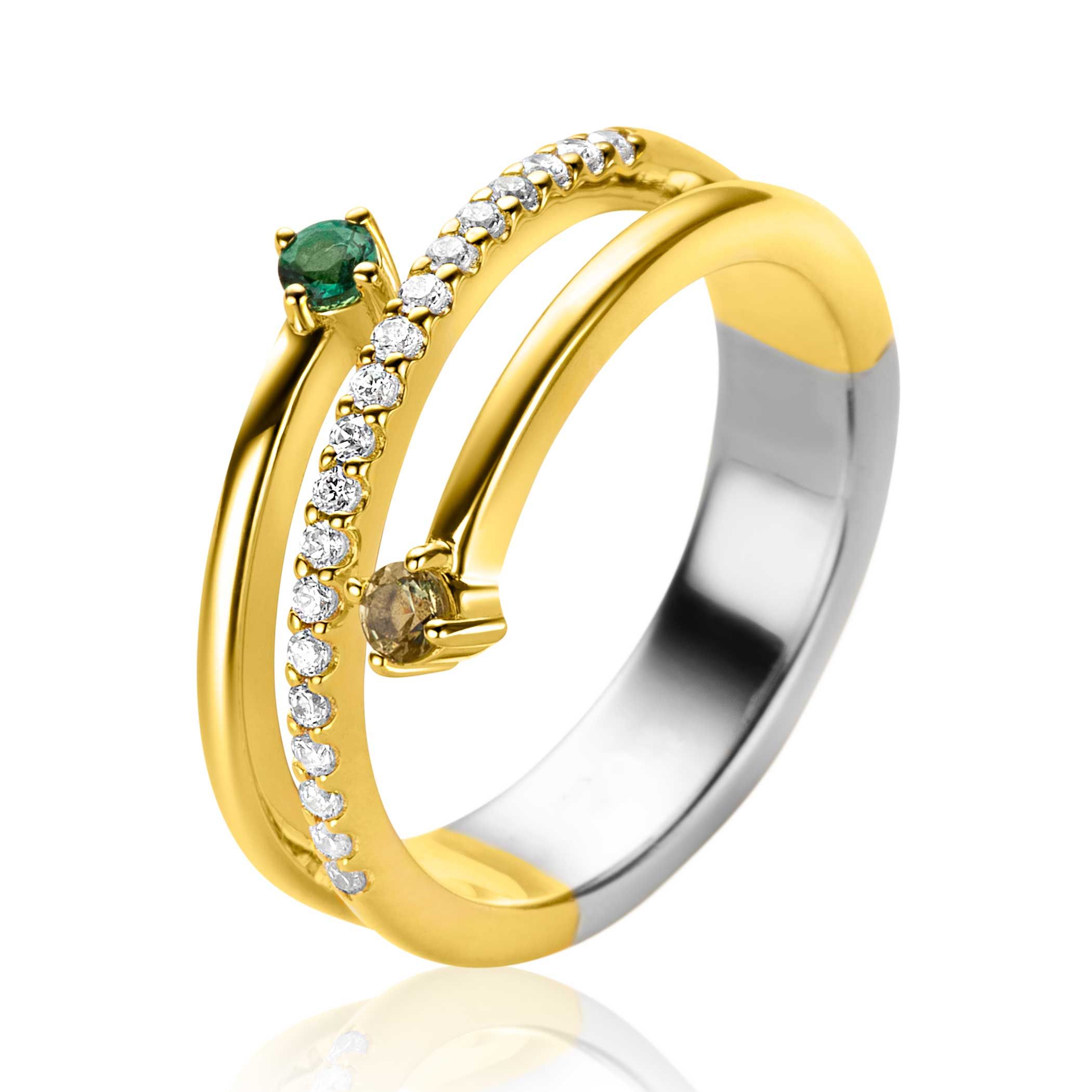 ZINZI gold plated zilveren multi-look ring (9mm breed) met 3 rijen, bezet met groene kleurstenen en witte zirconia's ZIR2646G