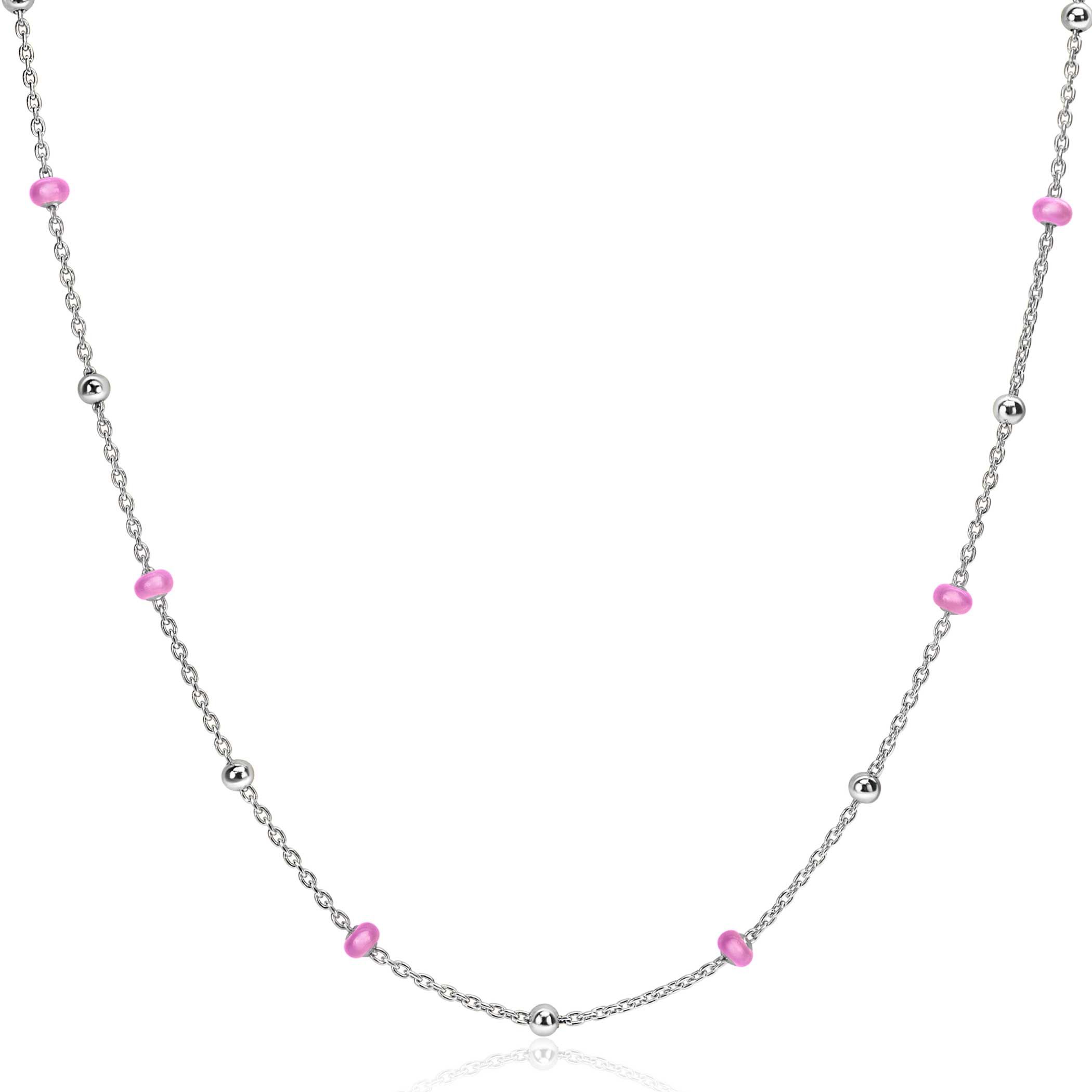 ZINZI zilveren fantasie ketting met 13 roze donuts en glanzende bolletjes 42-45cm ZIC2510