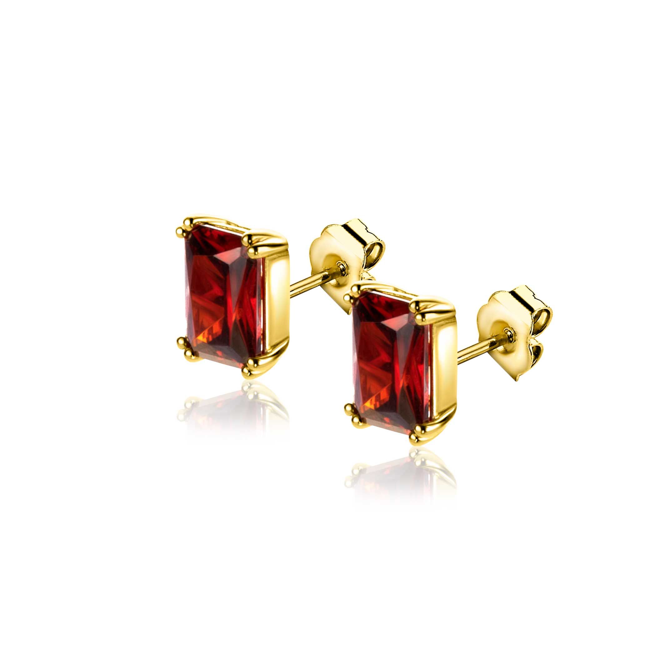 9mm ZINZI gold plated zilveren oorknoppen met een rechthoekige rood granaat kleursteen in vierpoots-zetting ZIO2392R