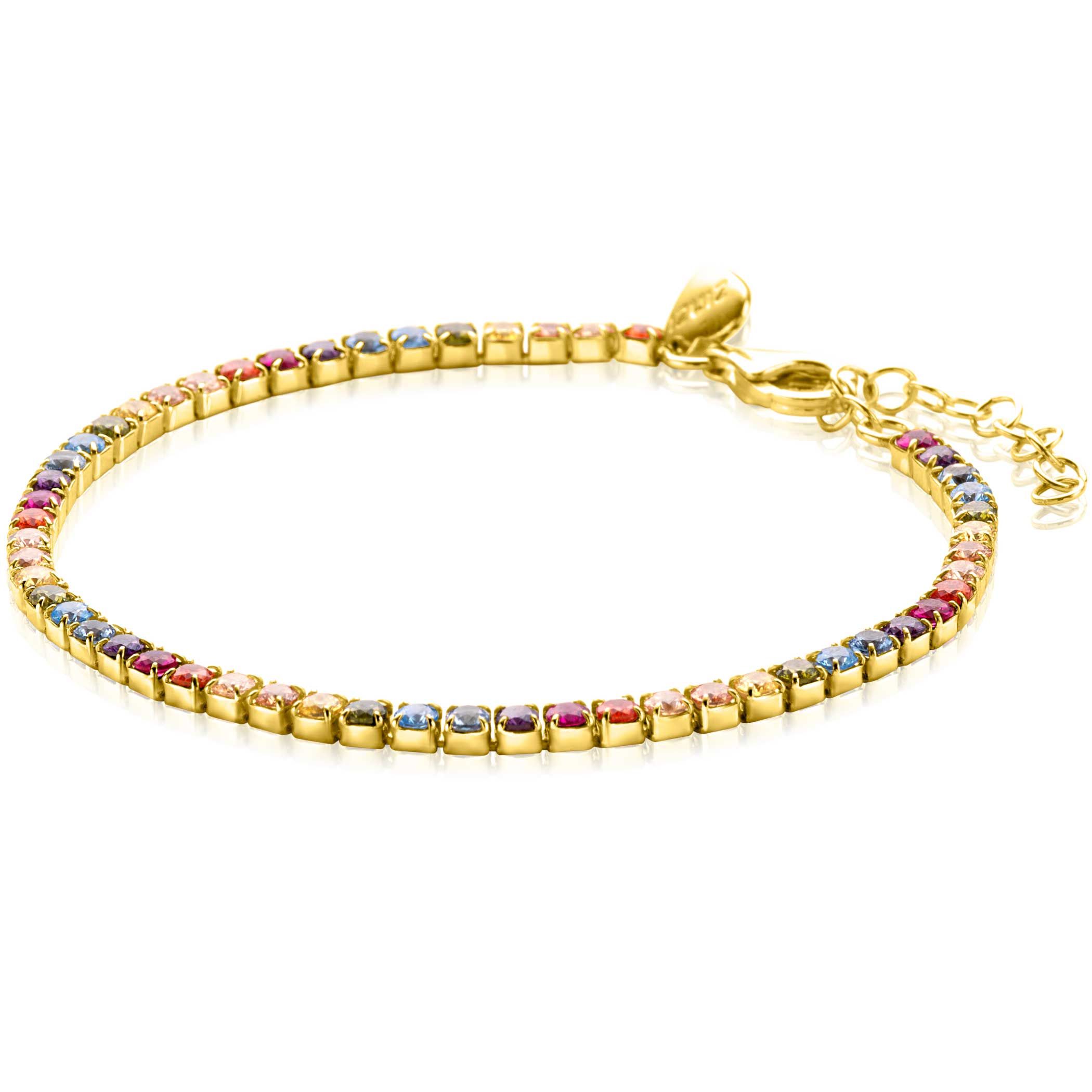 ZINZI gold plated zilveren tennis armband 3mm breed en bezet met regenboog kleurstenen in vierkante kastzettingen 17-20cm ZIA2666