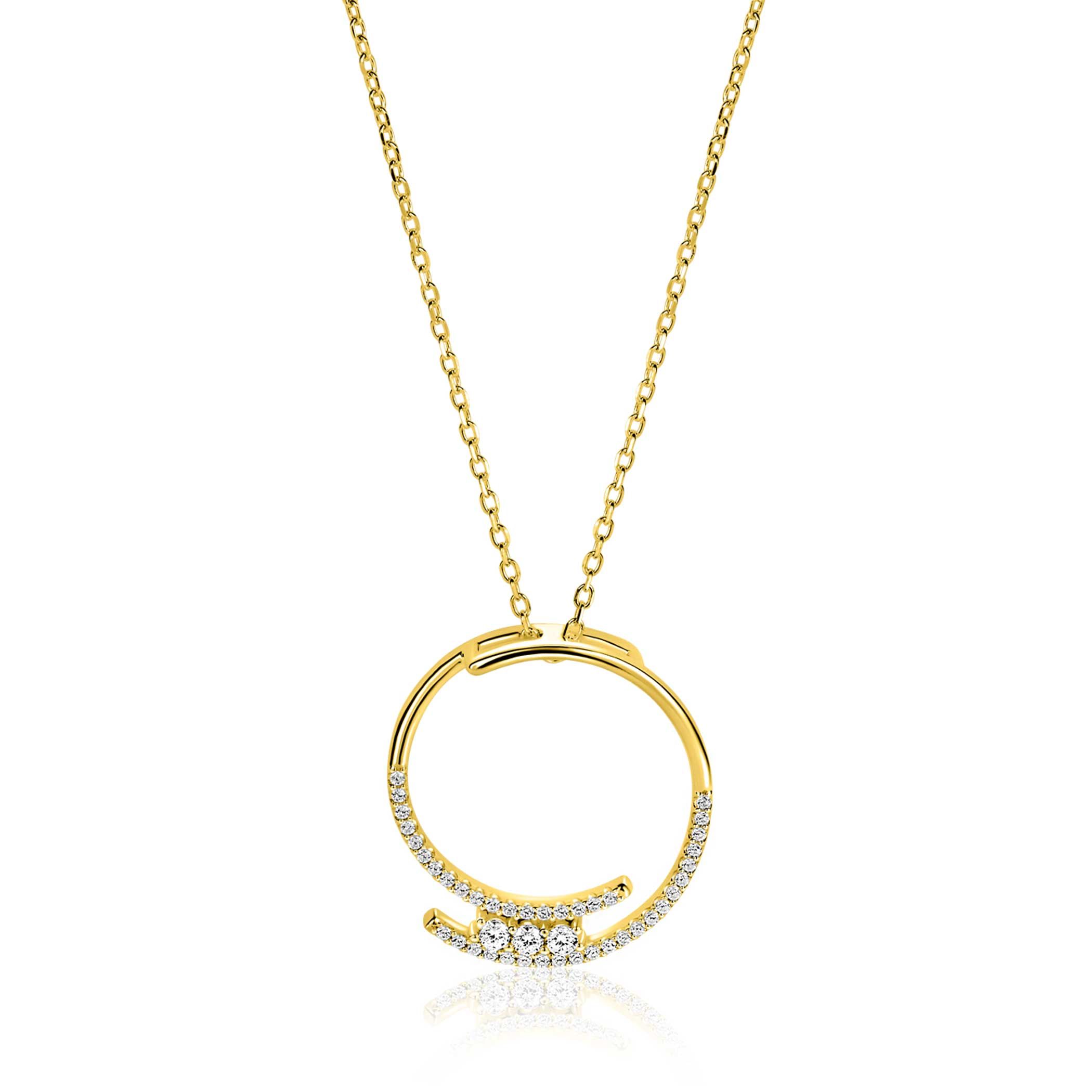 ZINZI gold plated zilveren ketting met grote open ronde hanger 25mm bezet met witte zirkonia's 45-50 cm ZIC2645Y