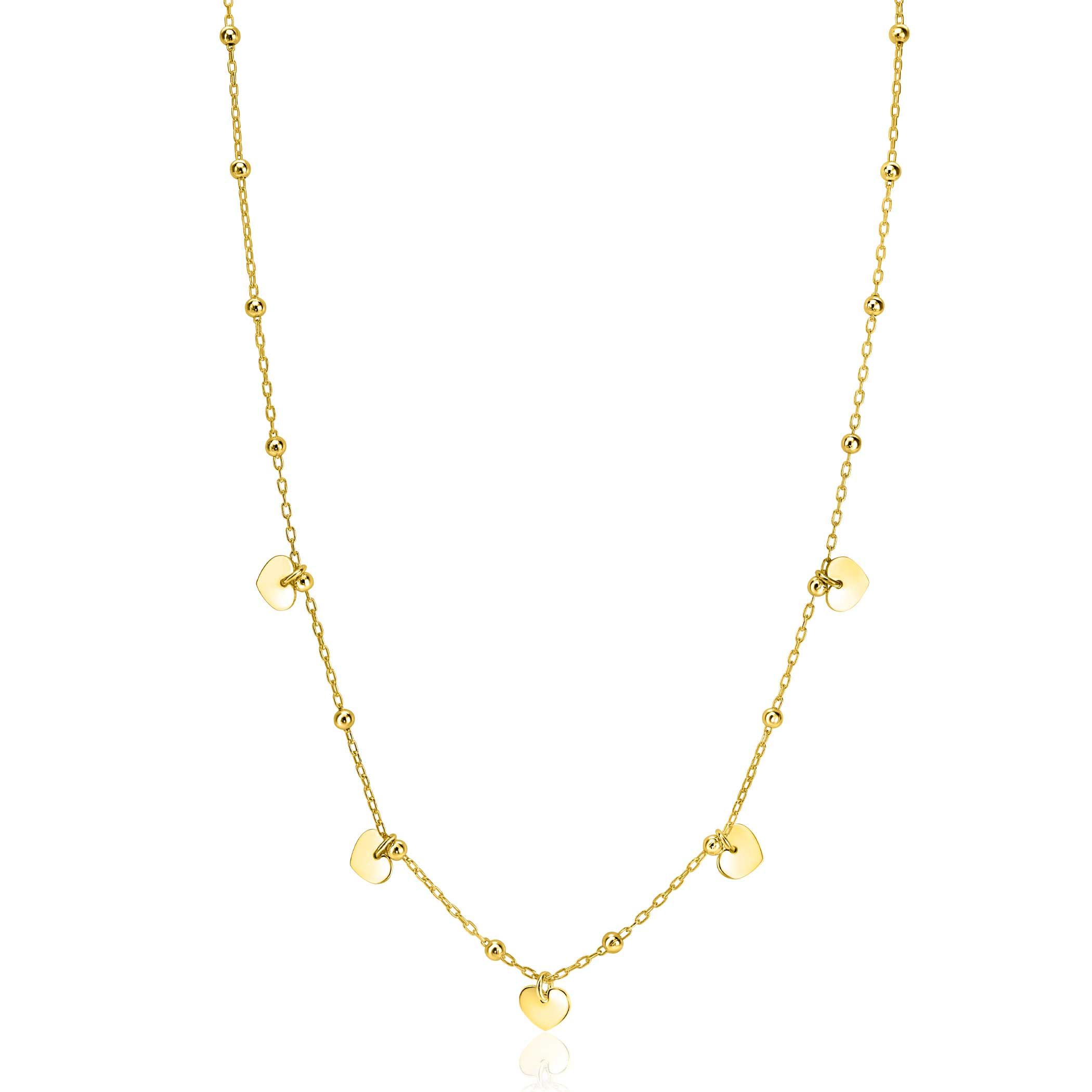 ZINZI gold plated zilveren ankerketting met kleine bolletjes en vijf gladde hartjes 42-45cm ZIC2531G