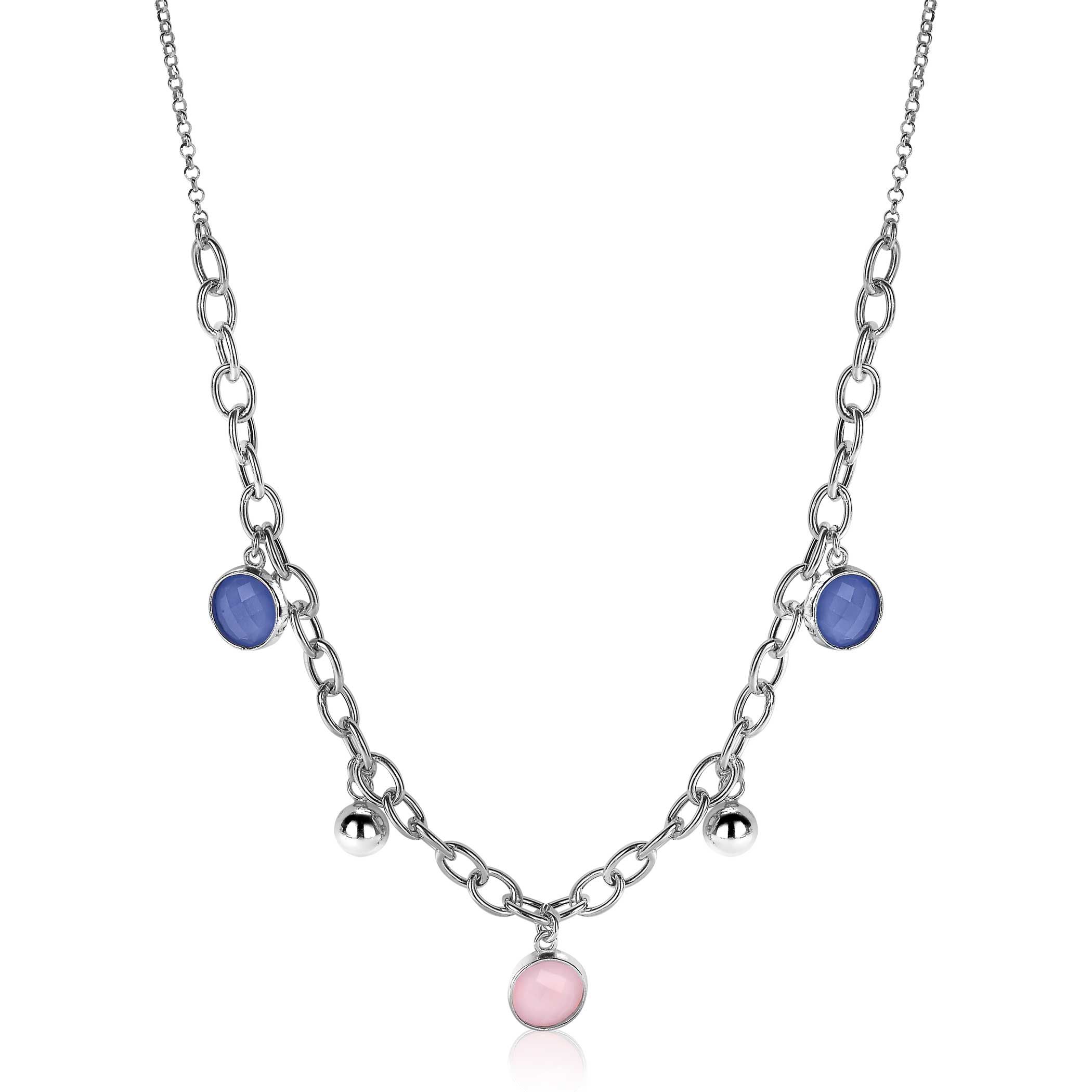 ZINZI zilveren luxe jasseron ketting 45cm met bolletjes en bedels rond in roze en blauw ZIC2005