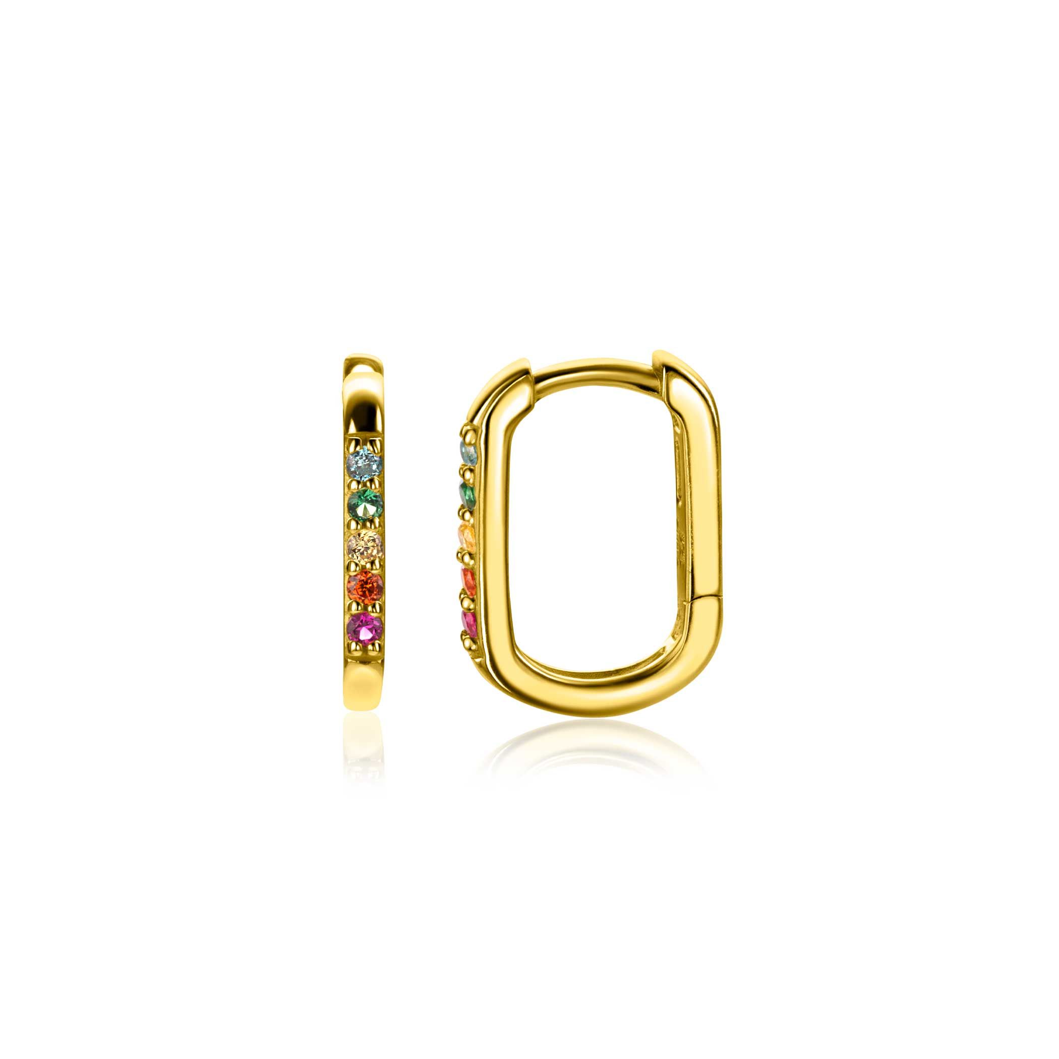 14mm ZINZI gold plated zilveren luxe oorringen in ovale vorm bezet met regenboog kleurstenen ZIO2598