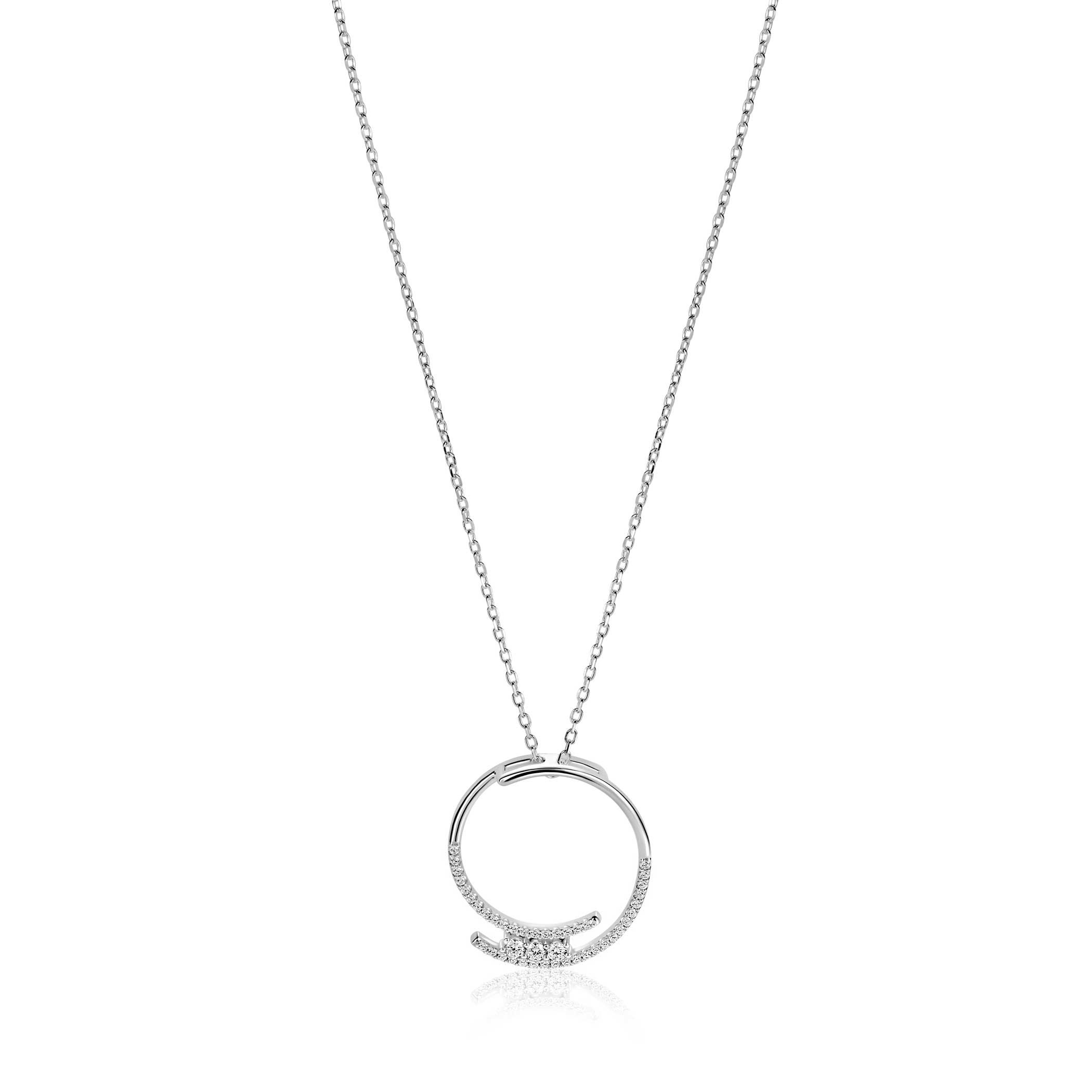 ZINZI zilveren ketting met grote open ronde hanger 25mm bezet met witte zirkonia's 45-50 cm ZIC2645