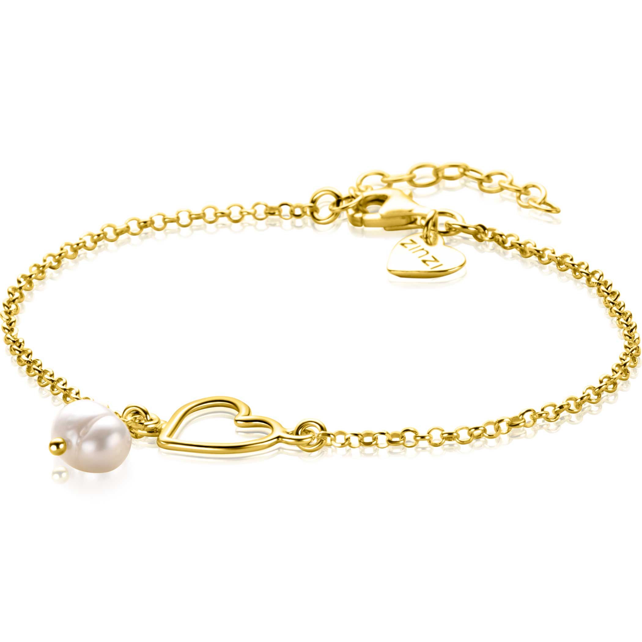 ZINZI gold plated zilveren armband met open hartje en bungelend witte zoetwaterparel 16-19cm ZIA2642