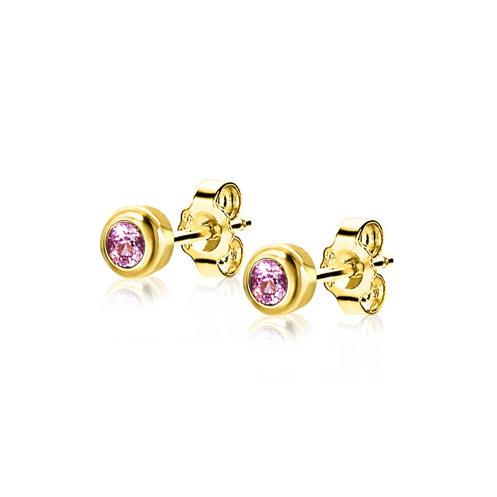 OKTOBER oorknoppen 4mm gold plated met geboortesteen roze rozenkwarts zirconia
