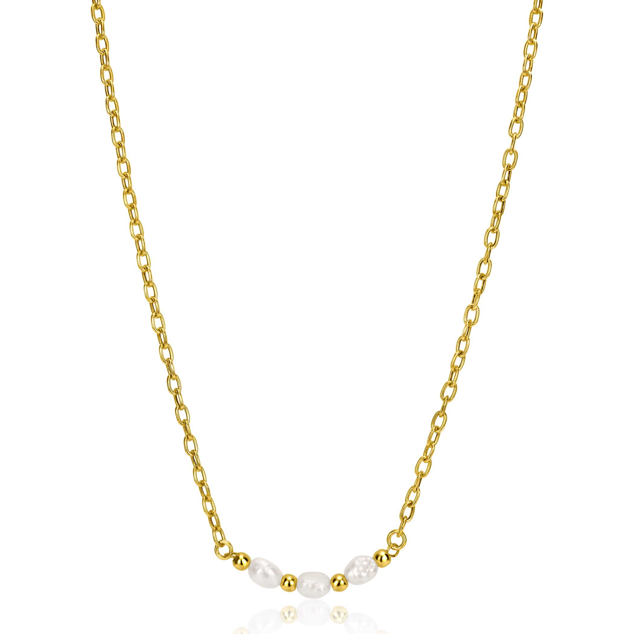 ZINZI gold plated zilveren schakelketting met drie witte natuurlijk gevormde zoetwaterparels in het midden 42-45cm ZIC2643