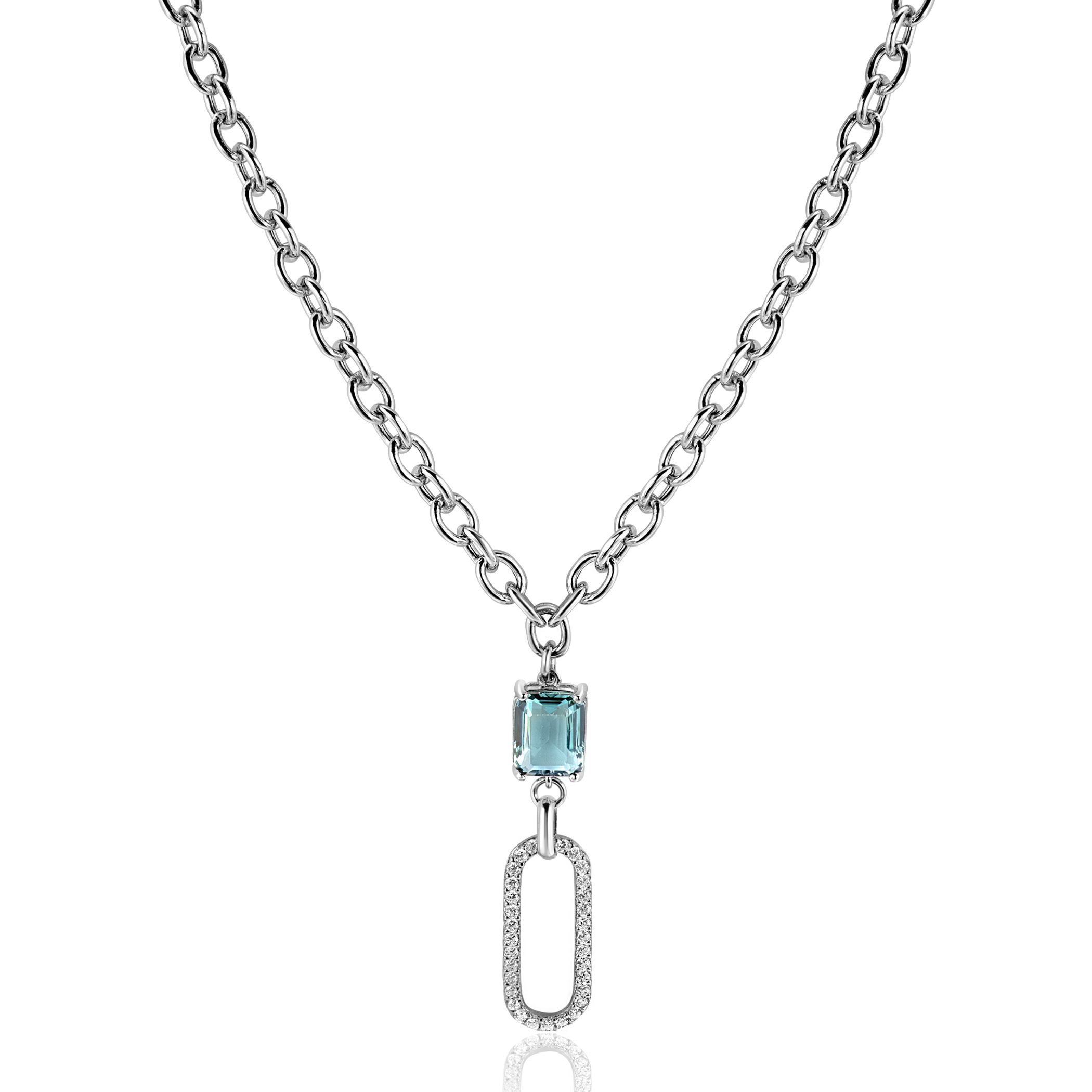 ZINZI zilveren  ovale schakel ketting 45cm met luxe hanger met ovale schakel, bezet met witte zirconia's. En groenachtig blauwe (petrol) kleursteen in vierpootszetting ZIC2487