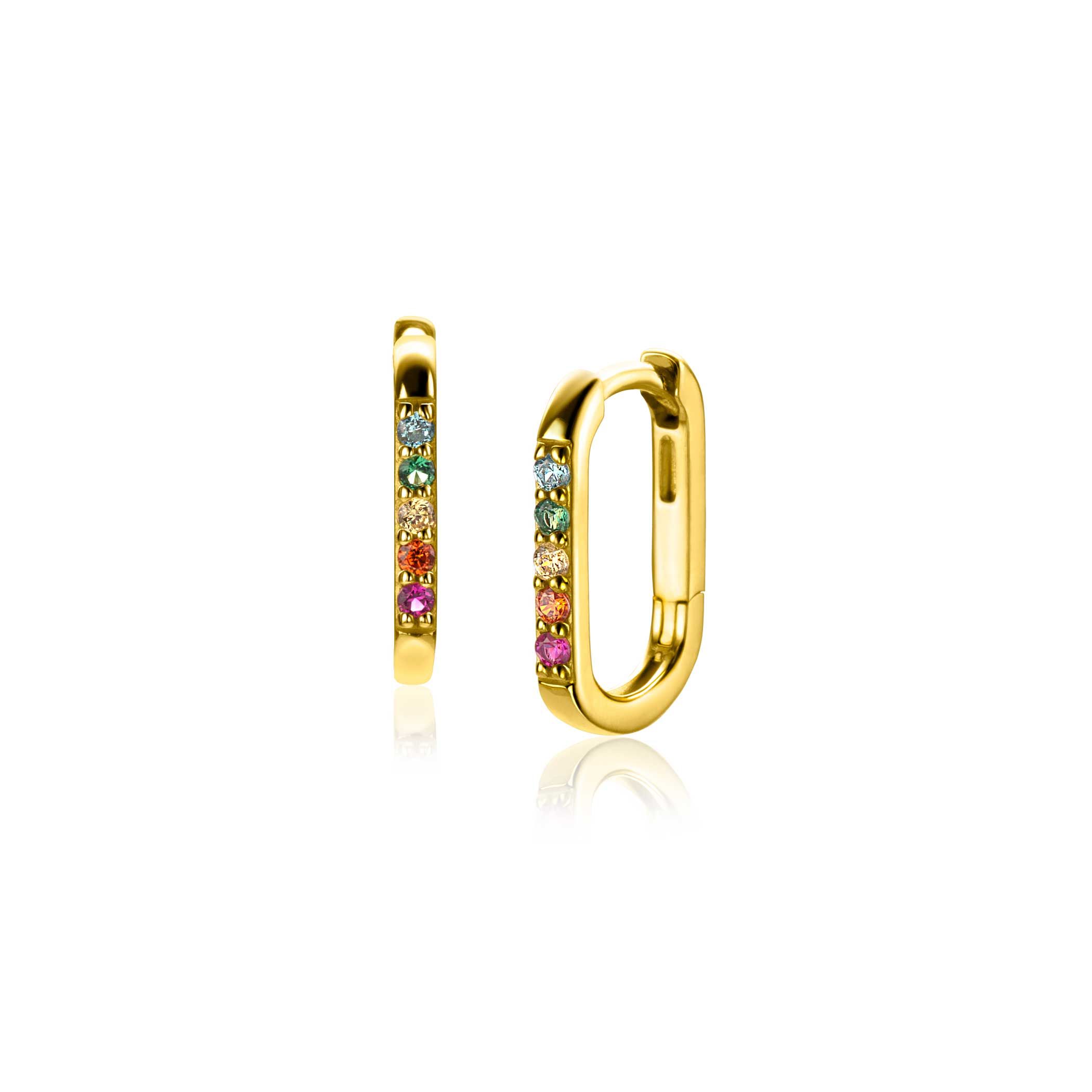 14mm ZINZI gold plated zilveren luxe oorringen in ovale vorm bezet met regenboog kleurstenen ZIO2598