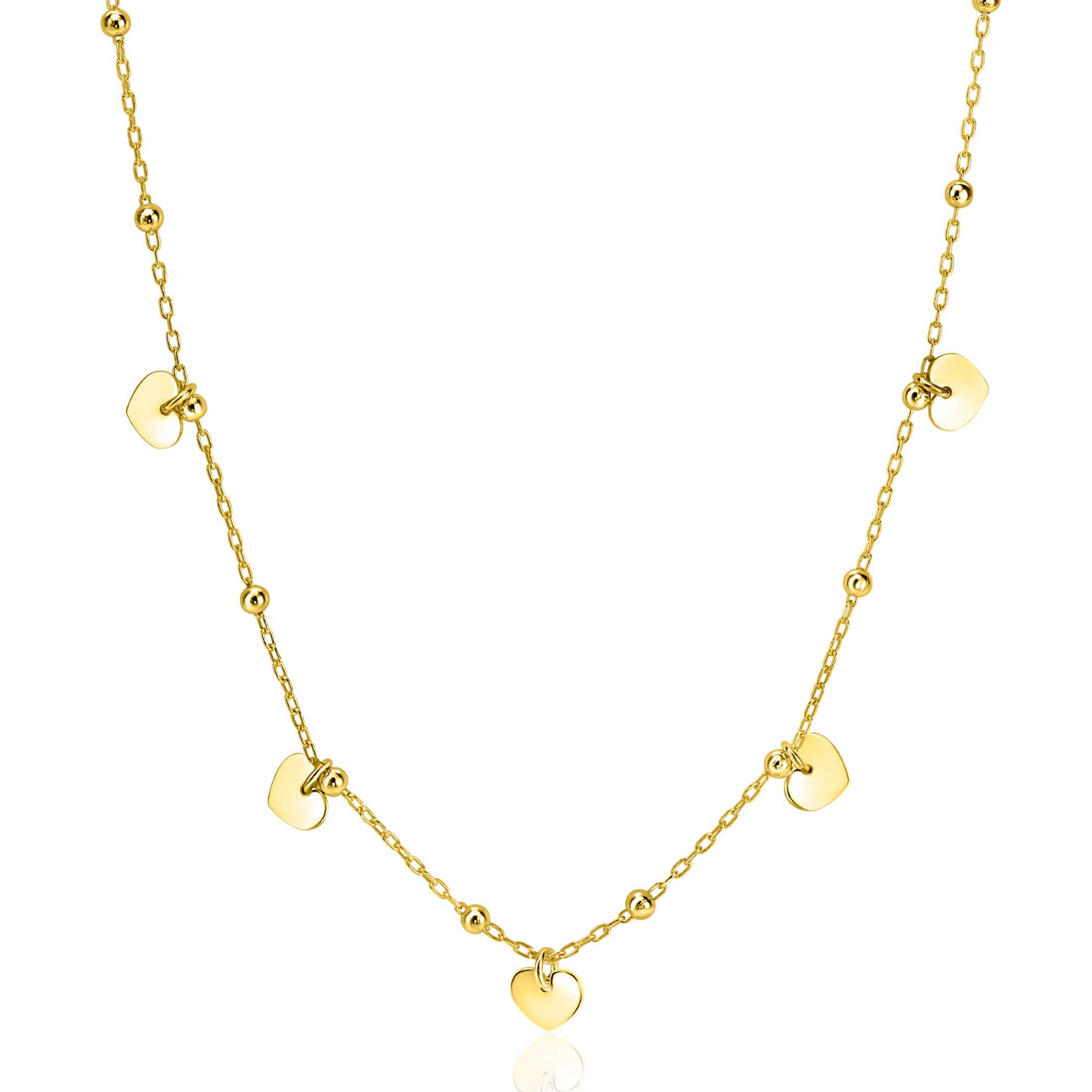 ZINZI gold plated zilveren ankerketting met kleine bolletjes en vijf gladde hartjes 42-45cm ZIC2531G