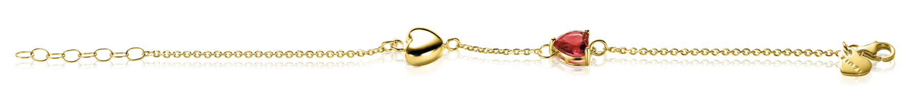 ZINZI gold plated zilveren schakel armband met liefdevolle harten, glanzend en bezet met rode kleursteen 17-19,5cm ZIA-BF94