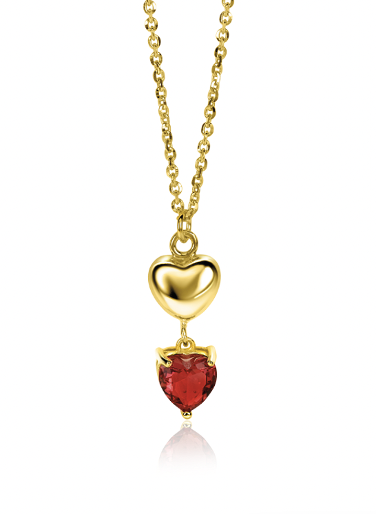 ZINZI gold plated zilveren schakel ketting met liefdevolle harten, glanzend en bezet met rode kleursteen 42-45cm ZIC-BF94