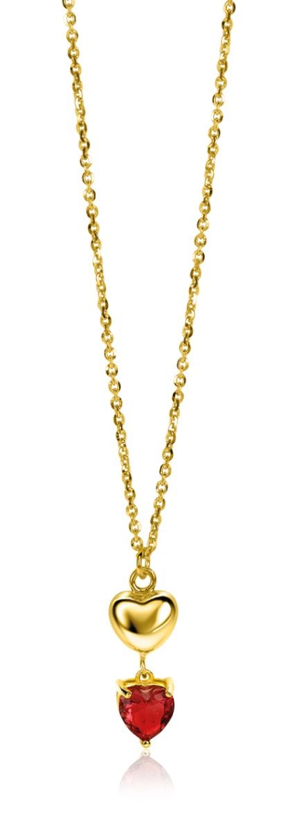 ZINZI gold plated zilveren schakel ketting met liefdevolle harten, glanzend en bezet met rode kleursteen 42-45cm ZIC-BF94