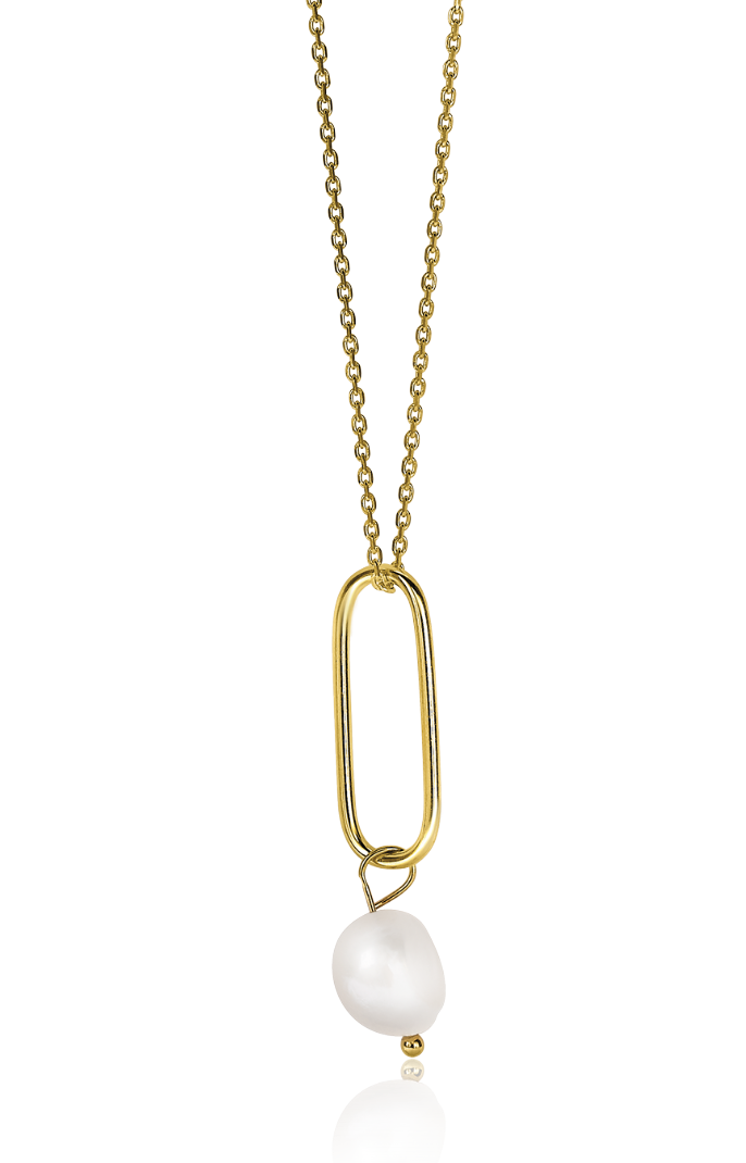 ZINZI zilveren ketting 14K geel verguld 45cm ovaal 43mm witte parel ZIC2188G