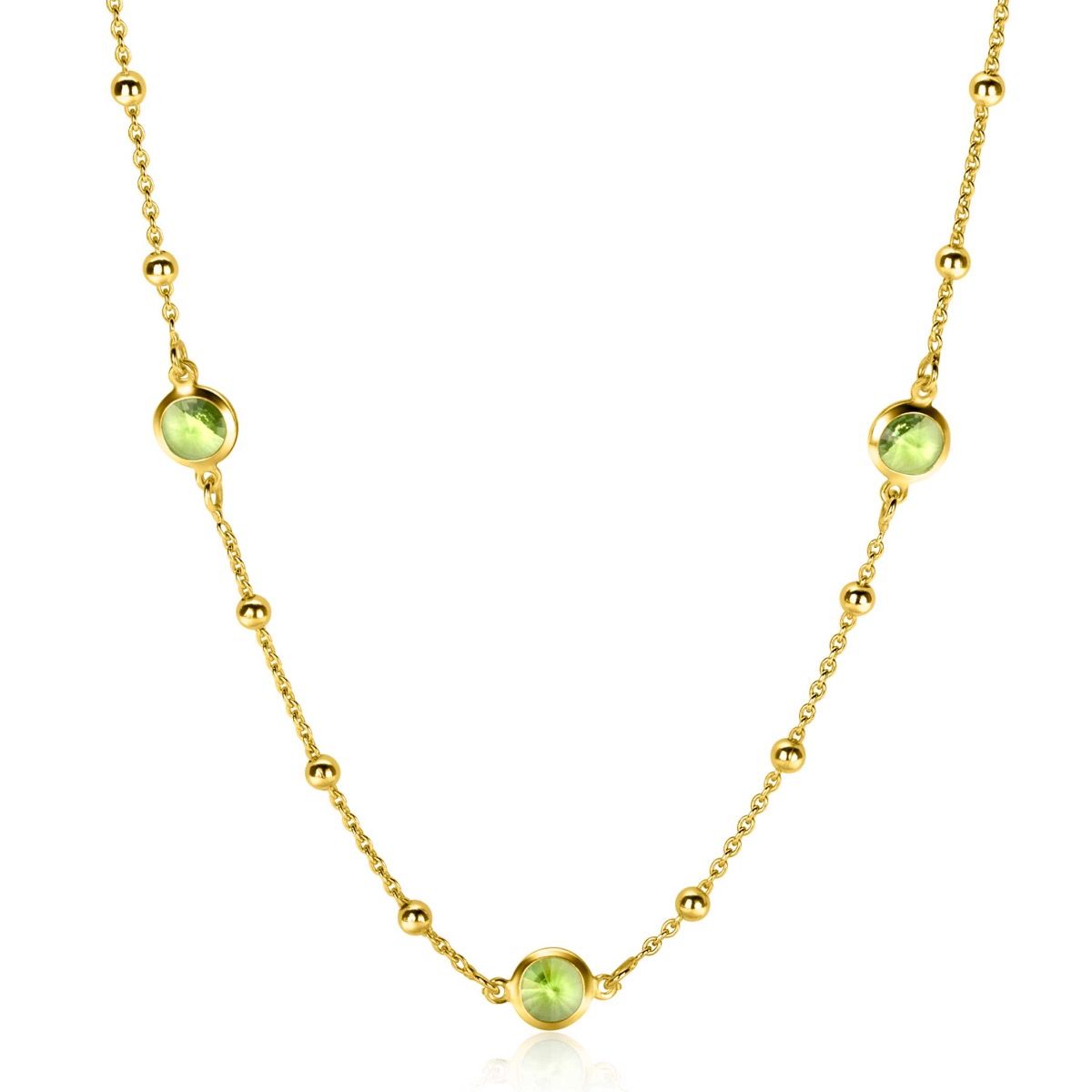 ZINZI gold plated zilveren ketting met bolletjes en rond groen Swarovski crystals 42-45cm ZIC2348