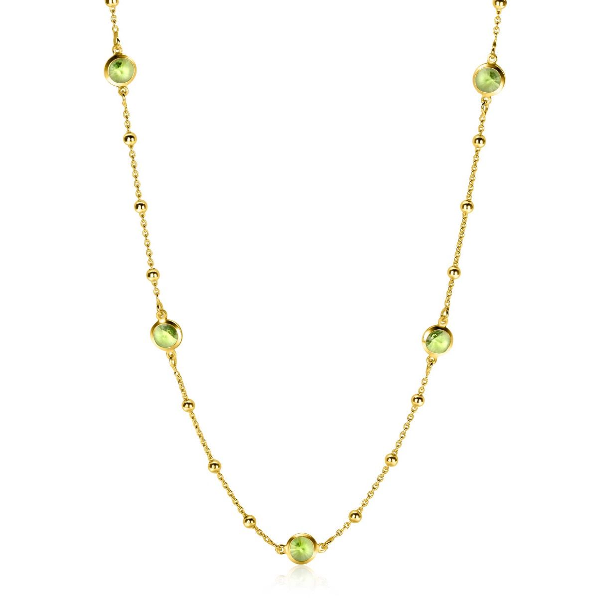 ZINZI gold plated zilveren ketting met bolletjes en rond groen Swarovski crystals 42-45cm ZIC2348