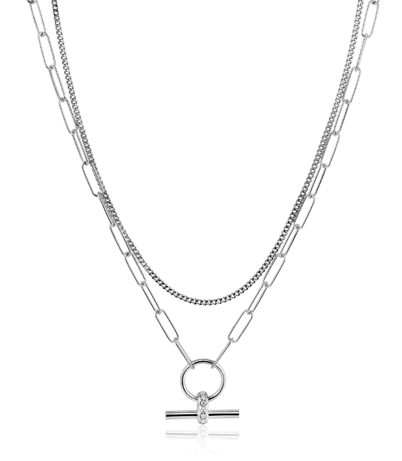 ZINZI zilveren schakel ketting 50cm met multilook: combinatie van gourmet en paperclip schakels en trendy T-bar bezet met witte zirconia's ZIC2462