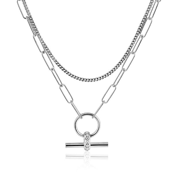 ZINZI zilveren schakel ketting 50cm met multilook: combinatie van gourmet en paperclip schakels en trendy T-bar bezet met witte zirconia's ZIC2462