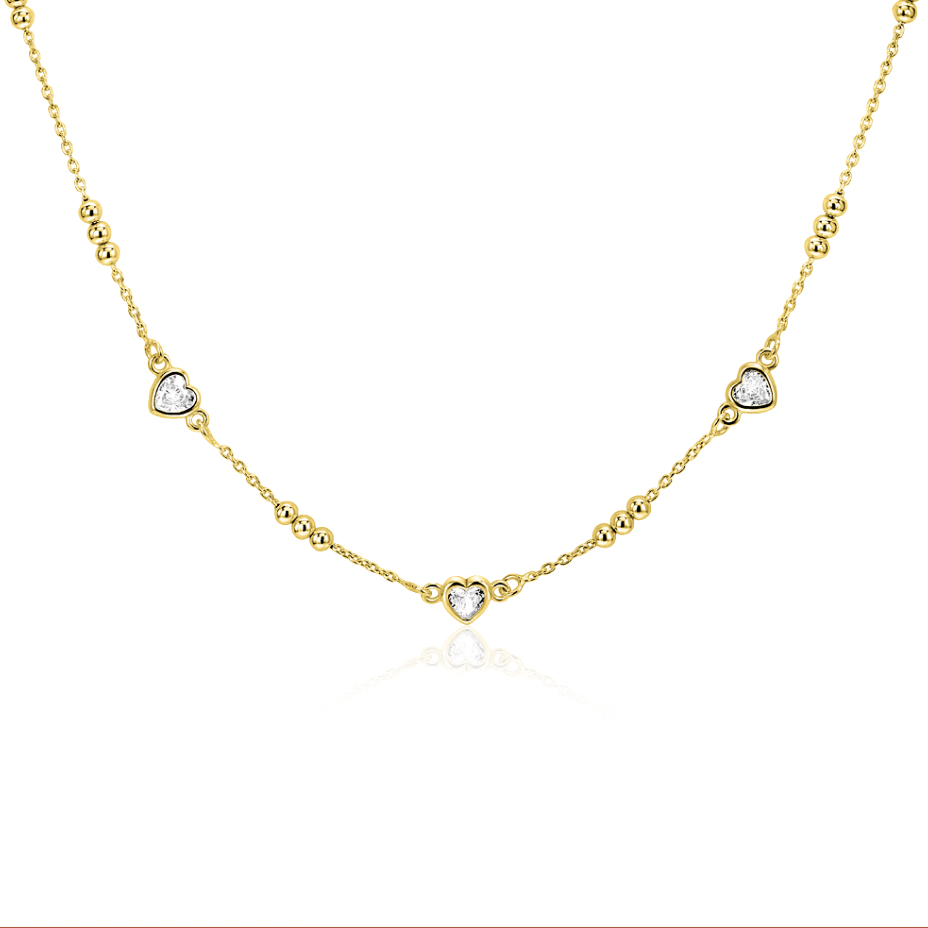 ZINZI gold plated zilveren schakelketting met trio-bolletjes en drie hartvormige witte zirkonia's 40-45cm ZIC2679