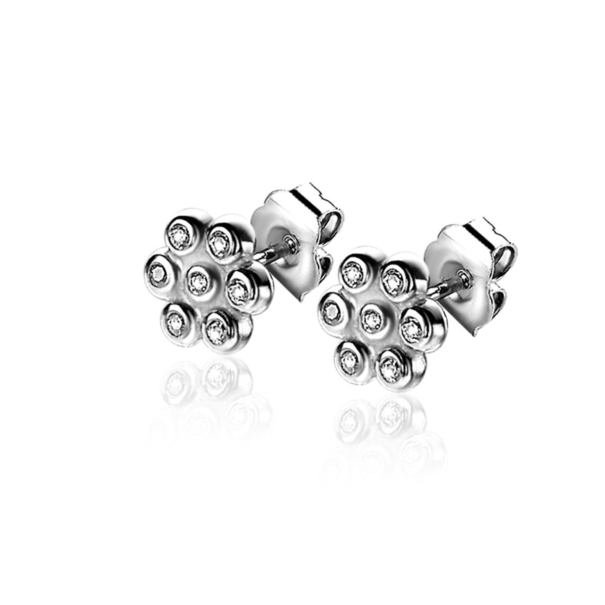 ZINZI zilveren oorknoppen met bloemetjes 6mm sierlijk bezet met witte zirconia's ZIO-BF46
