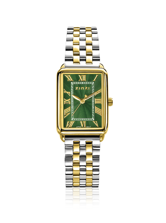 ZINZI Elegance horloge groene wijzerplaat en rechthoekige kast stalen bicolor schakelband 28mm extra dun ZIW1935
