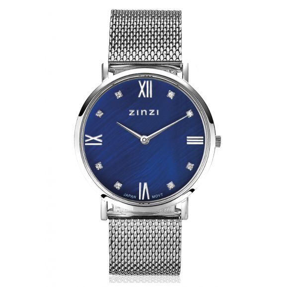 ZINZI Roman horloge donkerblauwe parelmoer wijzerplaat, witte zirconia's bij uuraanduiding, stalen mesh band 34mm extra dun ZIW546M
