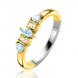 ZINZI gold plated zilveren ring met zettingen in peer, rechthoek en driehoeksvorm bezet met lichtblauwe en champagne kleurstenen ZIR2630B