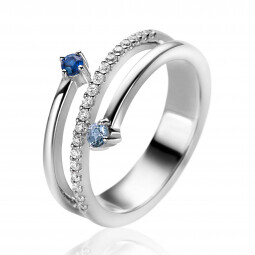 ZINZI zilveren multi-look ring (9mm breed) met 3 rijen, bezet met blauwe kleurstenen en witte zirconia's ZIR2646B