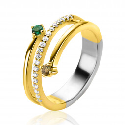 ZINZI gold plated zilveren multi-look ring (9mm breed) met 3 rijen, bezet met groene kleurstenen en witte zirconia's ZIR2646G