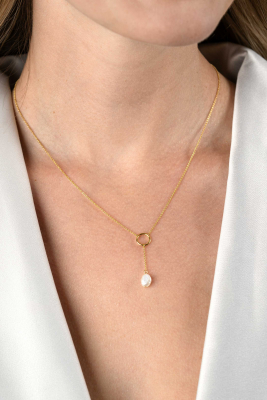 ZINZI gold plated zilveren Y-ketting met open rondje en bungelend witte zoetwaterparel in organische vorm 42-45cm ZIC2615