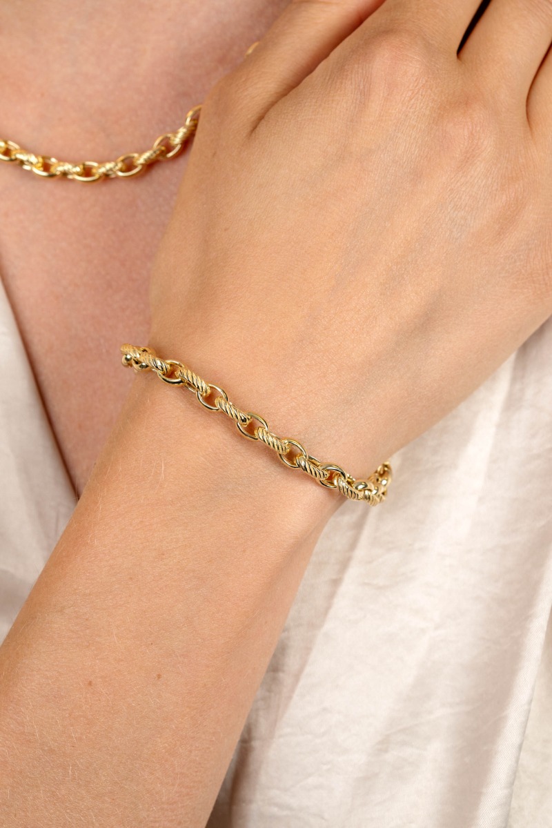 ZINZI gold plated zilveren brede schakelarmband (6mm breed) met luxe jasseron schakels in glad en bewerkt 20cm ZIA2638