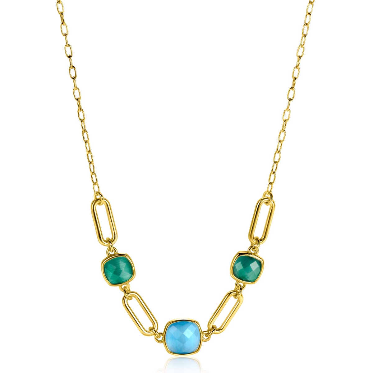 ZINZI gold plated zilveren collier met paperclip schakels en groen turquoise kleurstenen ZIC2332