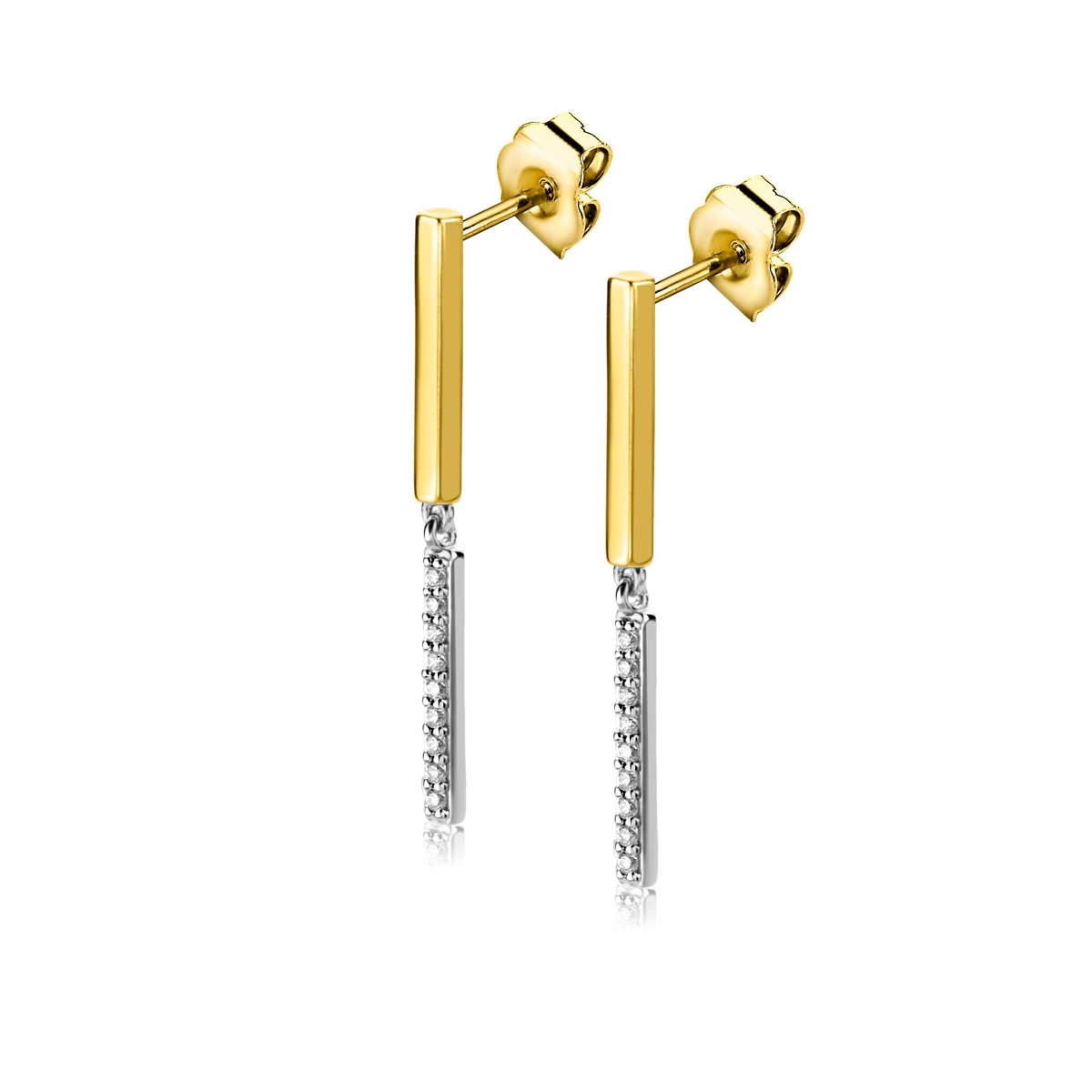 ZINZI gold plated zilveren oorstekers 30mm dubbele staafjes wit ZIO2325