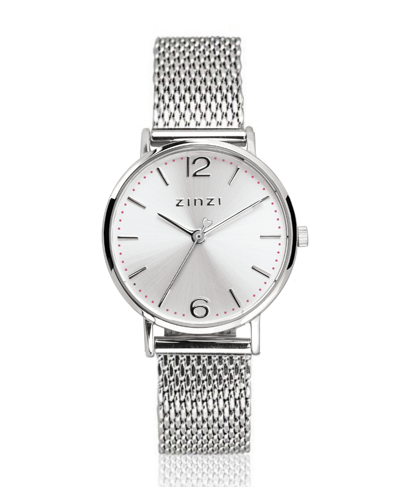 ZINZI Lady horloge zilvergekleurde wijzerplaat en kast stalen mesh band 28mm extra dun ZIW602M