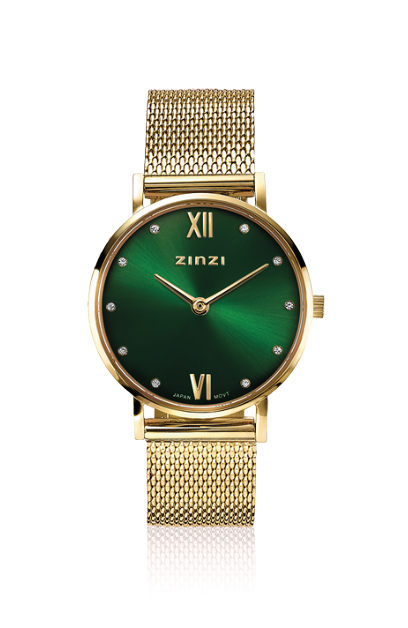 ZINZI Lady Crystal horloge groene wijzerplaat, geelgoudkleurige kast en mesh band, witte crystals bij uuraanduiding, 28mm extra dun ZIW635M